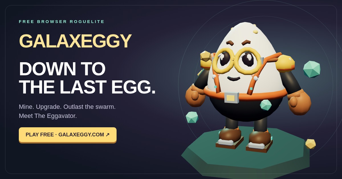 The Eggavator in orange mining gear with floating crystals. Galaxeggy: Down to the Last Egg.
